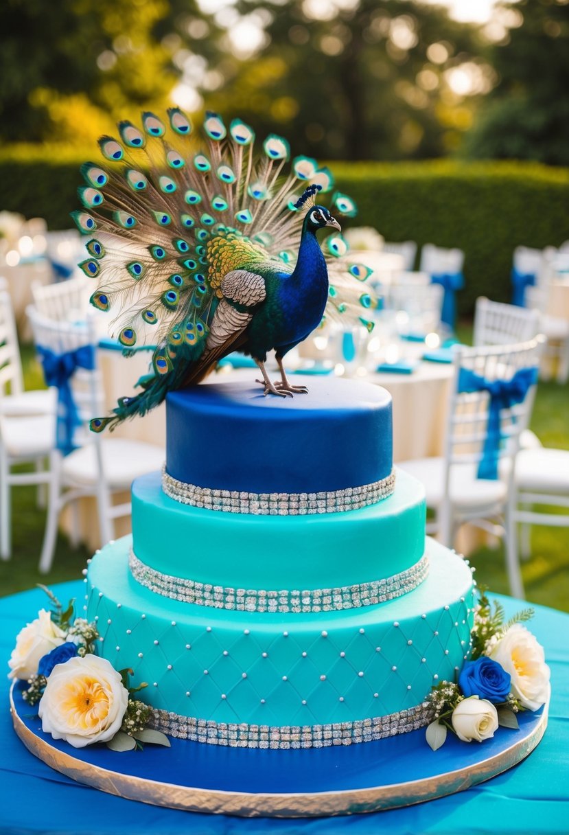 A regal peacock perched on a royal blue and teal wedding cake, surrounded by matching floral arrangements and decor