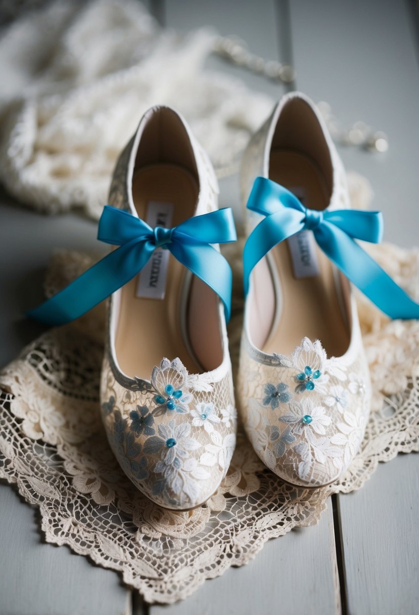 A pair of elegant lace wedding shoes with a delicate blue ribbon tied around the ankle, resting on a vintage lace handkerchief