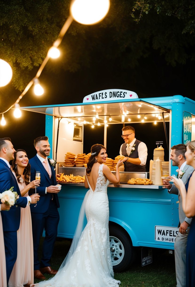 A festive wedding reception with a food truck serving up delicious late-night snacks from Wafels & Dinges, surrounded by happy guests enjoying the tasty treats