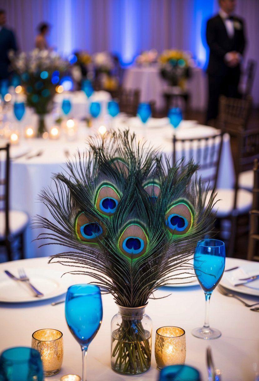 Peacock feathers arranged in centerpieces at a vibrant peacock-themed wedding reception