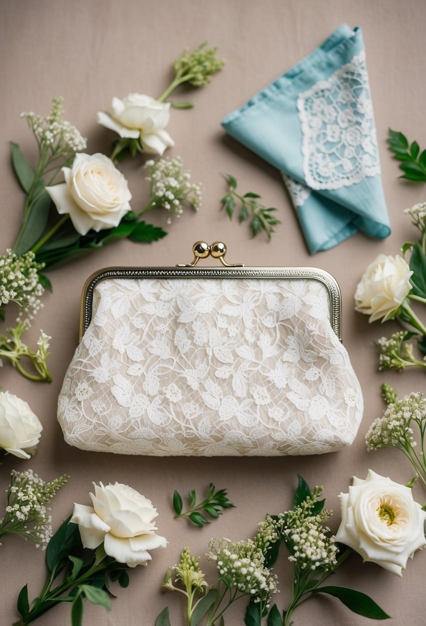 A lace bridal clutch surrounded by delicate floral arrangements and a vintage handkerchief