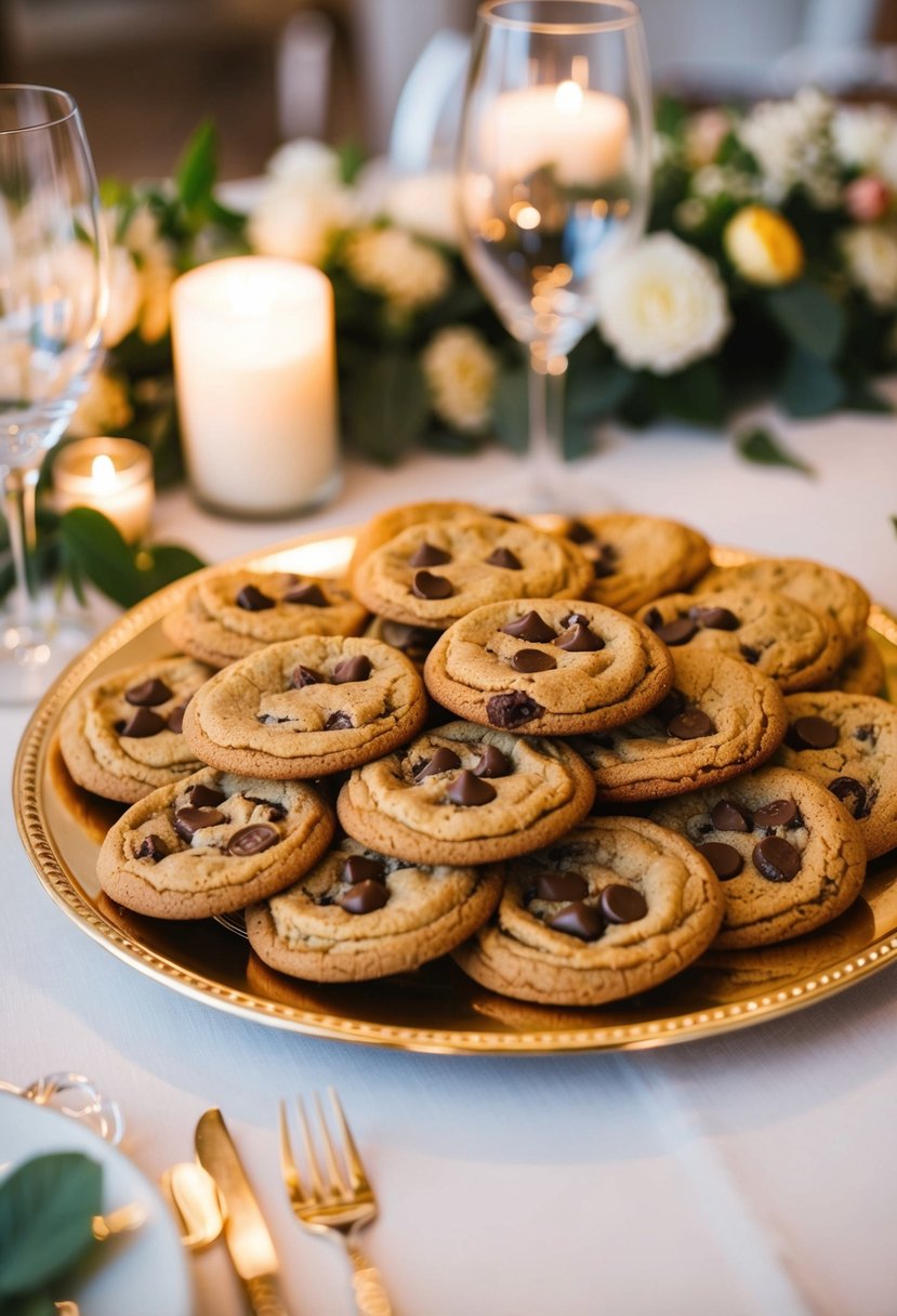 A platter of warm chocolate chip cookies on a table at a wedding reception, with soft lighting and a cozy, inviting atmosphere