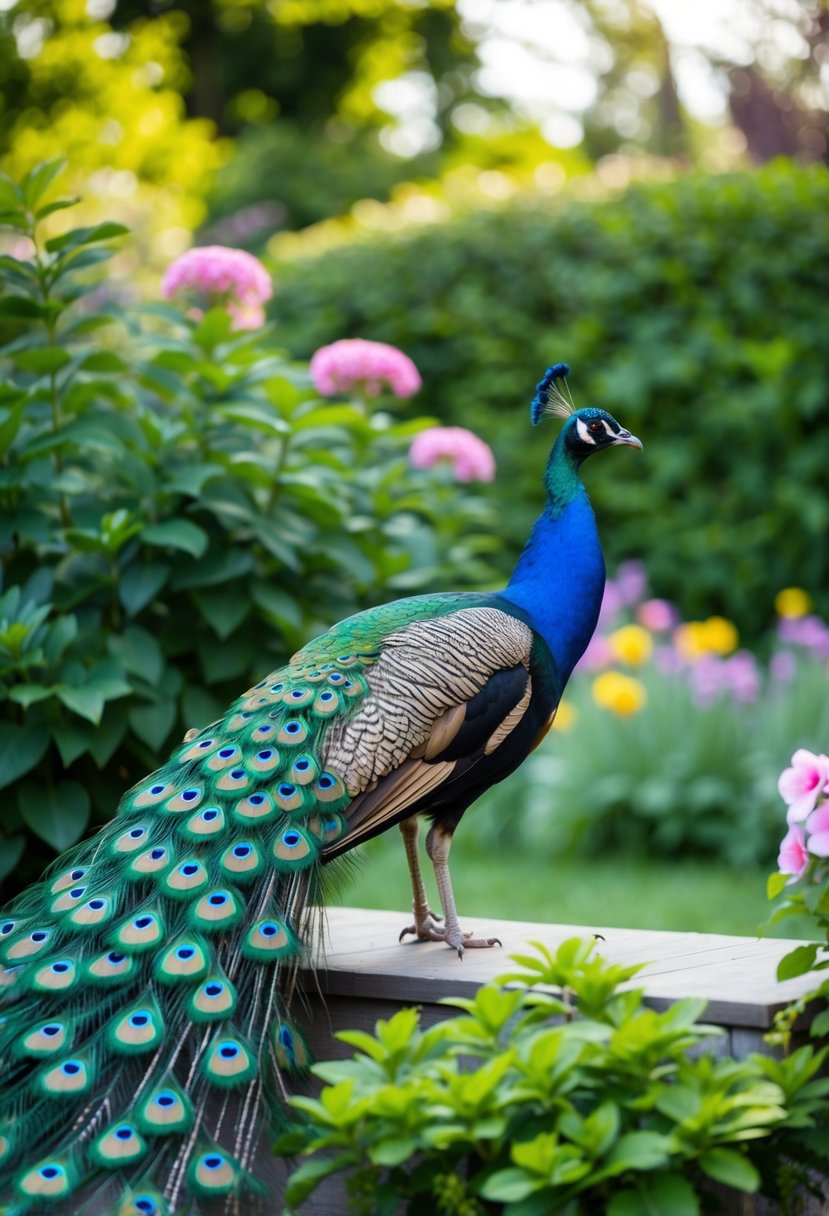 A peacock displaying its vibrant feathers in a garden setting with lush foliage and blooming flowers