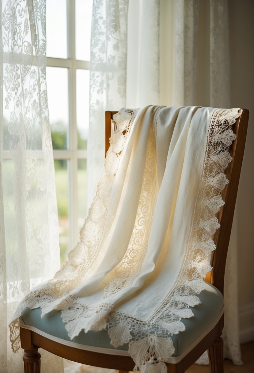 A lace handkerchief draped over a vintage chair, with soft sunlight filtering through lace curtains