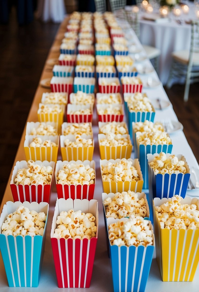 A table filled with popcorn boxes in various colors and designs, arranged neatly as late-night snack options at a wedding reception