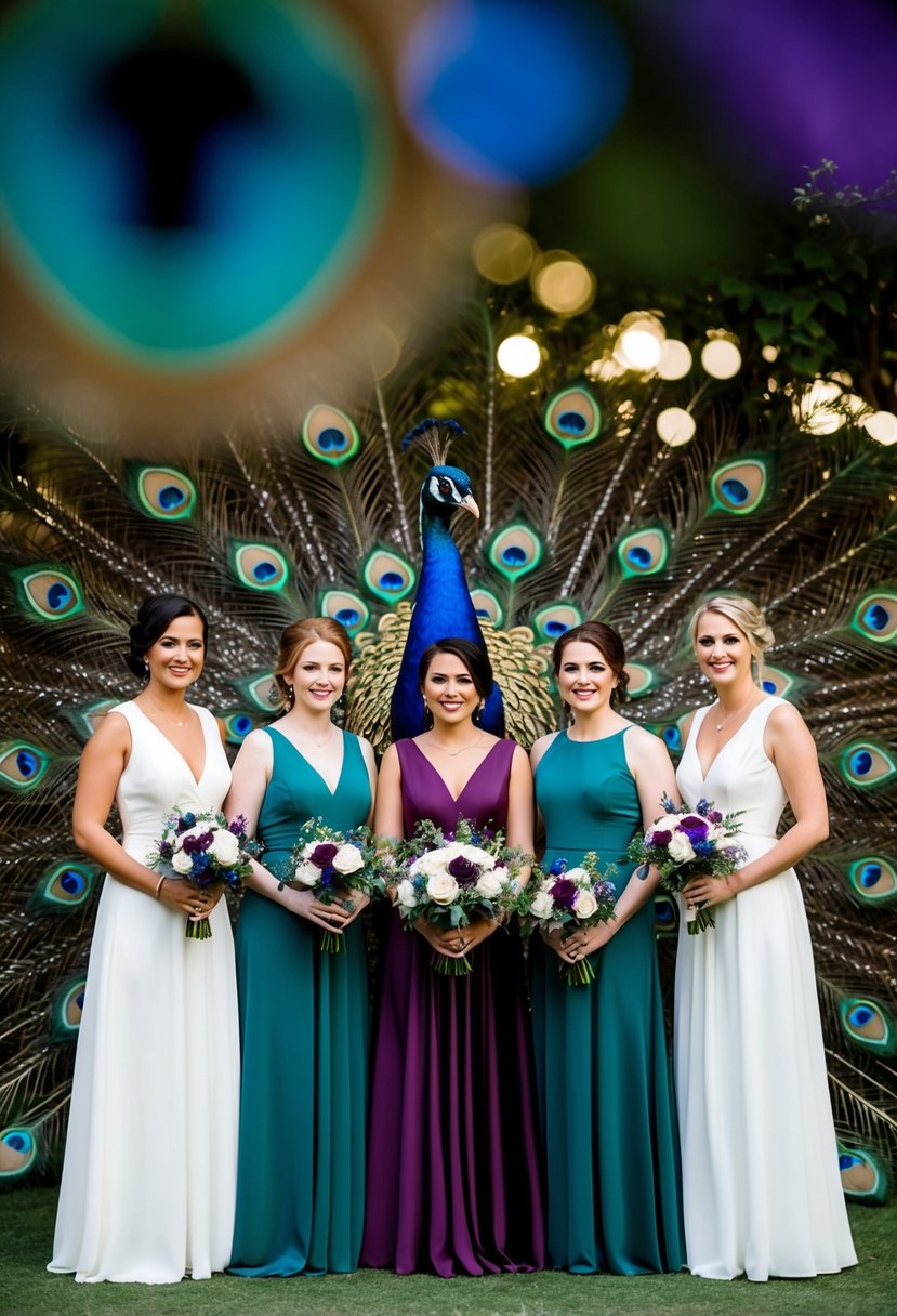 Bridesmaids in jewel-toned dresses stand in a peacock-themed wedding setting, surrounded by rich blues, greens, and purples