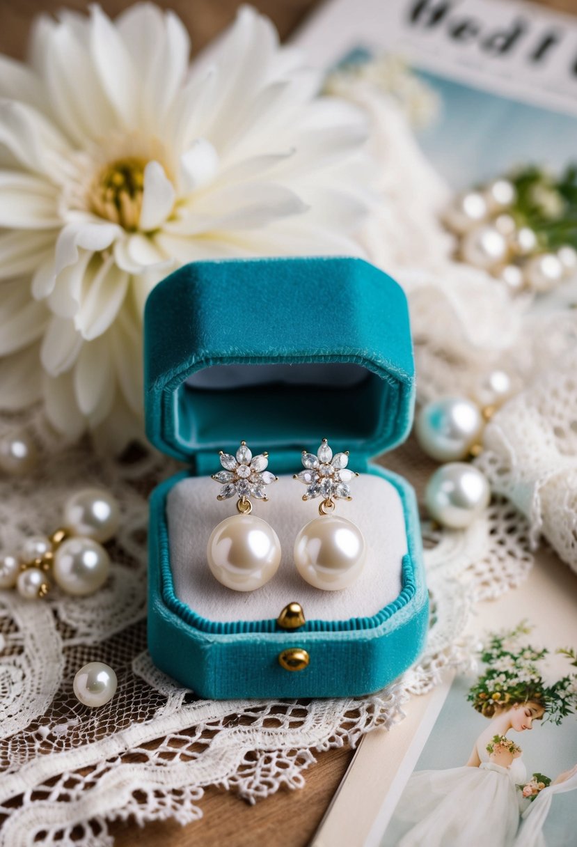 A pair of elegant pearl earrings resting on a lace-trimmed velvet jewelry box, surrounded by delicate lace and vintage wedding magazines