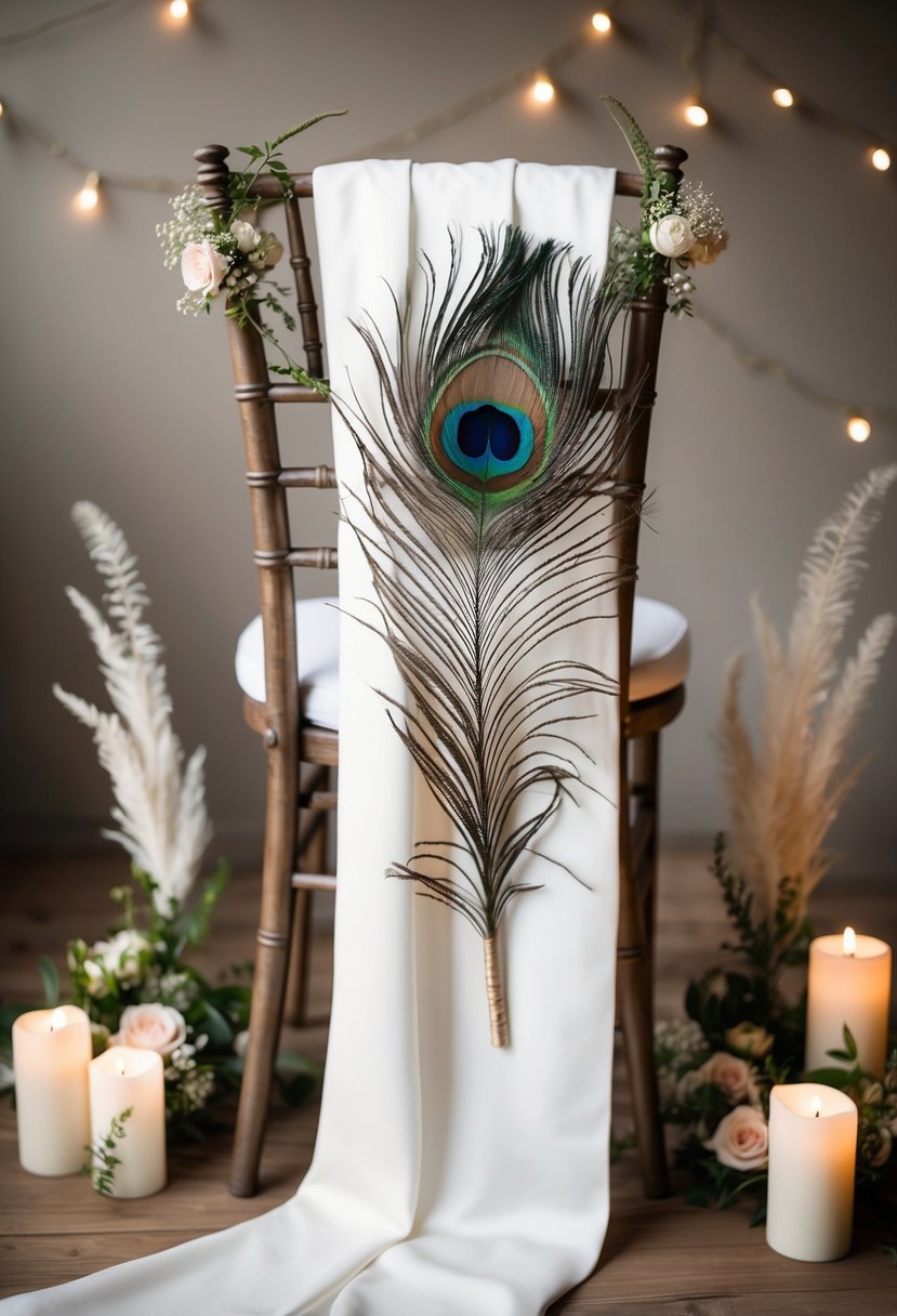 A peacock feather bridal sash draped over a rustic wooden chair, surrounded by delicate floral arrangements and soft candlelight