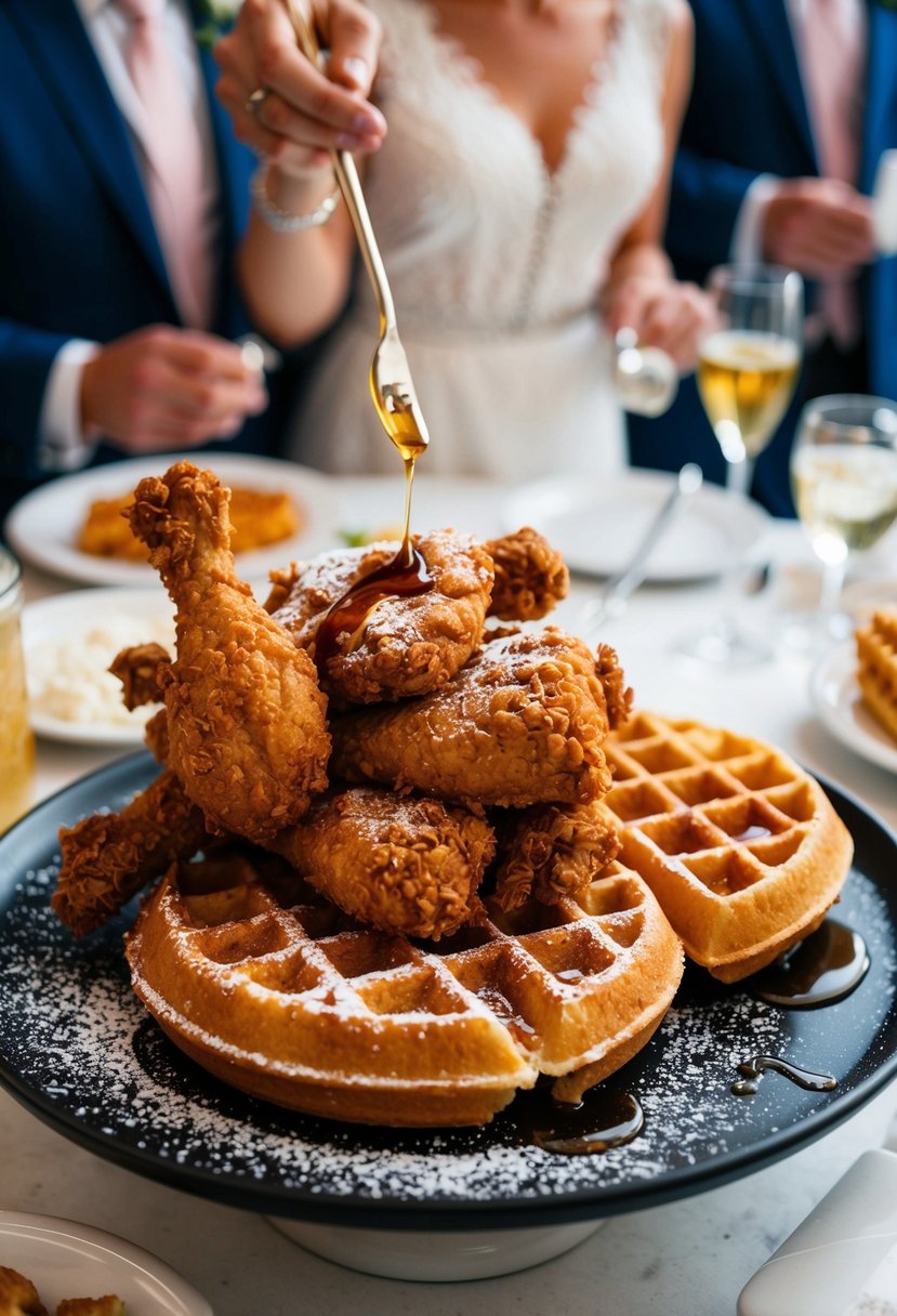 A platter of crispy fried chicken and golden waffles, adorned with drizzles of syrup and powdered sugar, awaits hungry wedding guests at a late night snack station