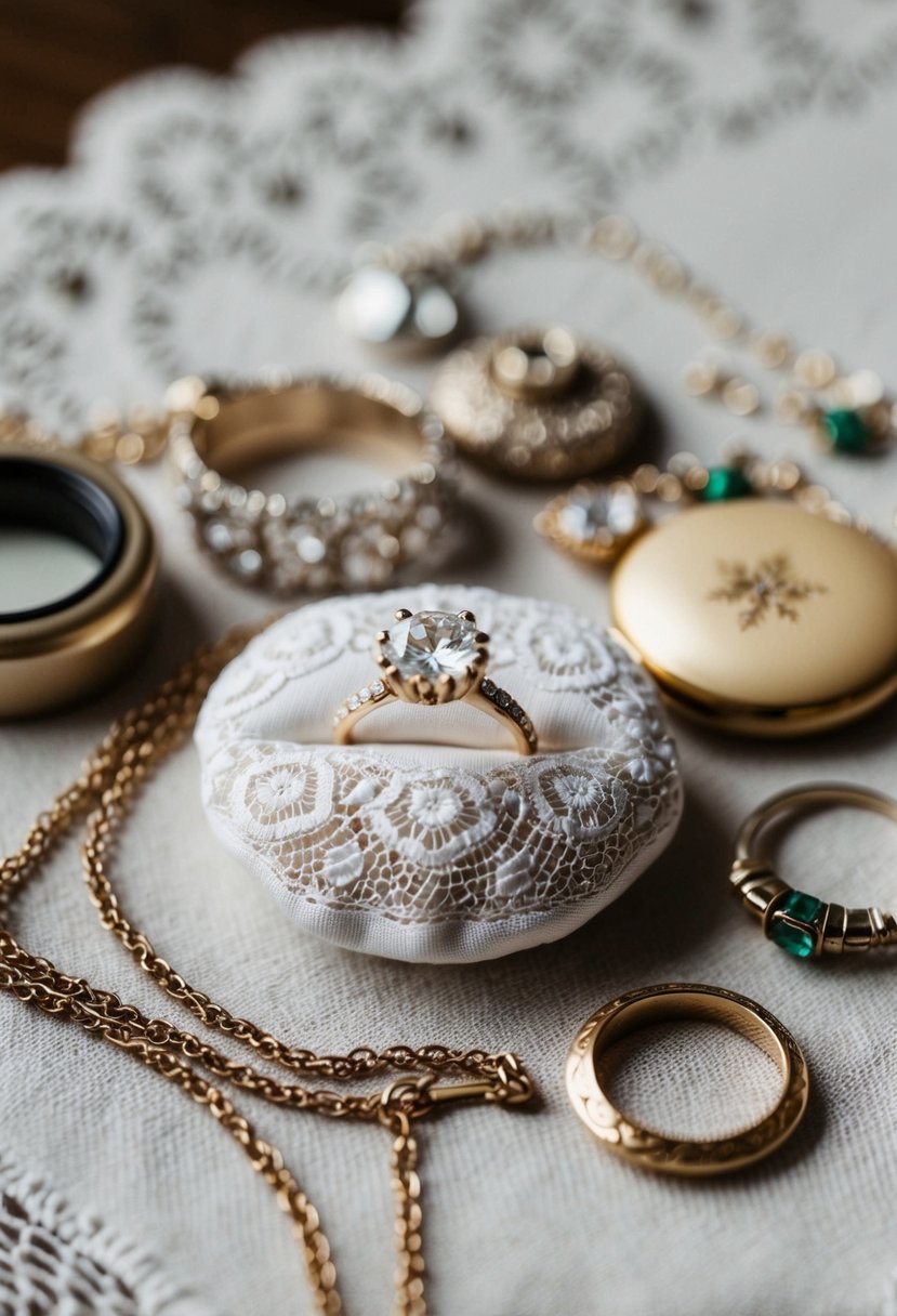 A delicate lace ring pillow nestled among heirloom family jewelry