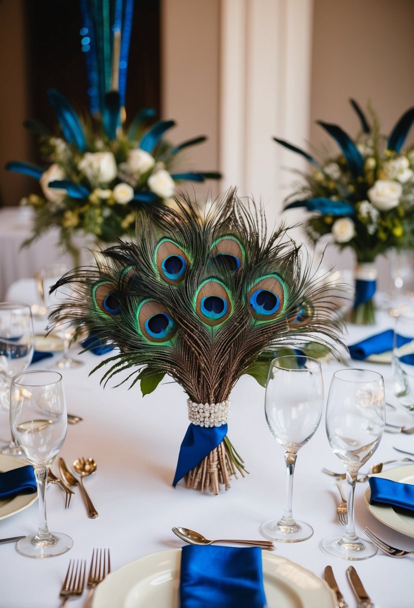 A table adorned with peacock feather boutonnieres, surrounded by elegant peacock-themed decor and floral arrangements for a wedding