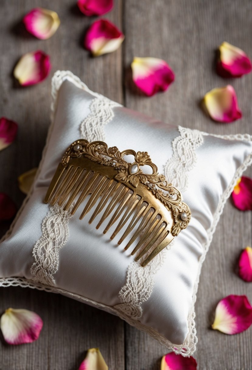 A vintage hair comb rests on a lace-trimmed satin pillow amid scattered rose petals