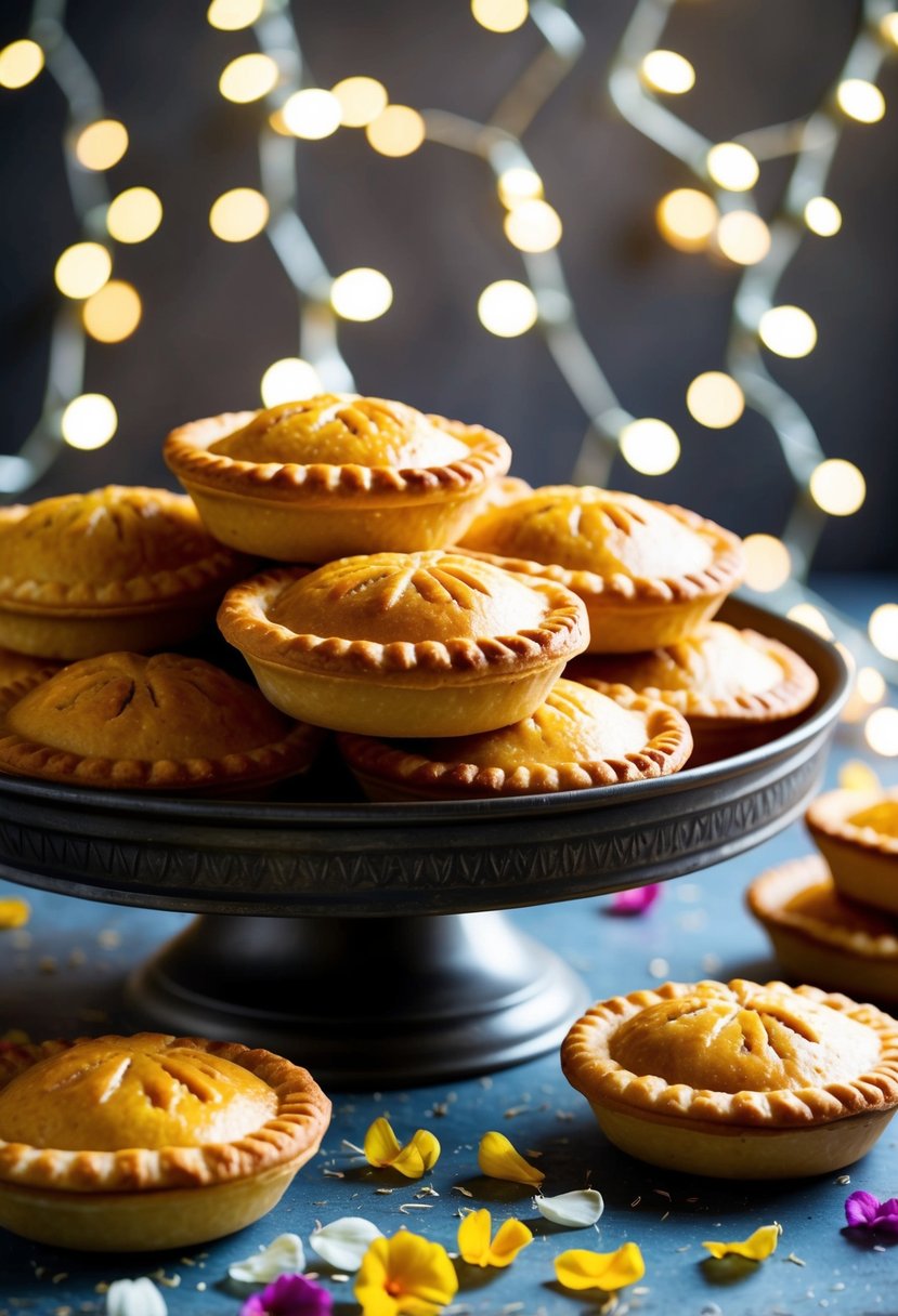 A table filled with golden-brown hand pies, surrounded by twinkling fairy lights and scattered flower petals