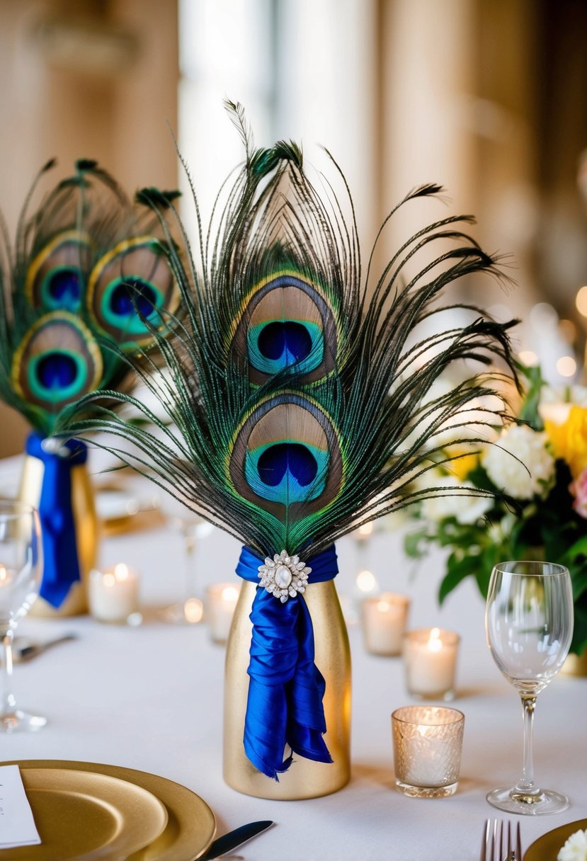 Peacock feather headbands adorn a wedding table, with vibrant colors and elegant arrangements