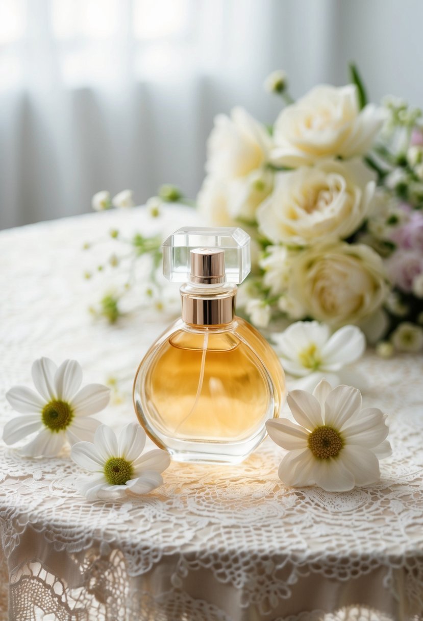 A delicate bottle of perfume sits on a lace-covered table, surrounded by delicate flowers and a vintage lace handkerchief