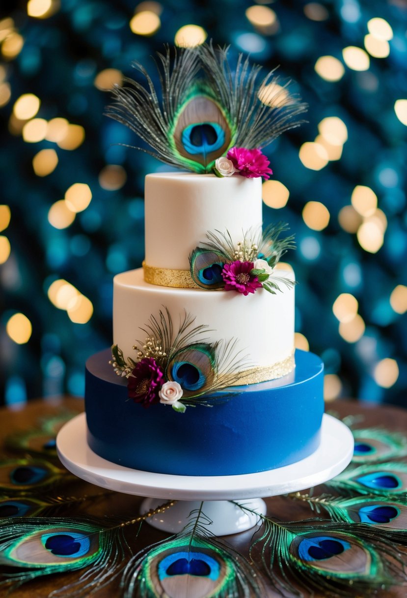 A peacock-colored wedding cake surrounded by peacock feathers, with jewel-toned flowers and gold accents