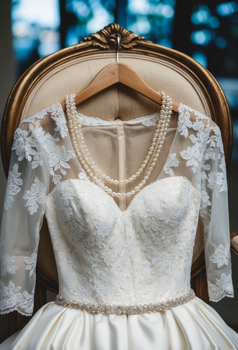 A lace wedding dress draped over a vintage chair with a pearl necklace draped over the neckline