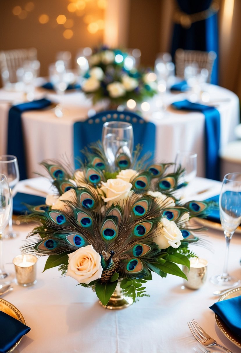 Peacock butterfly corsages adorn a lavish wedding table with peacock-inspired decor