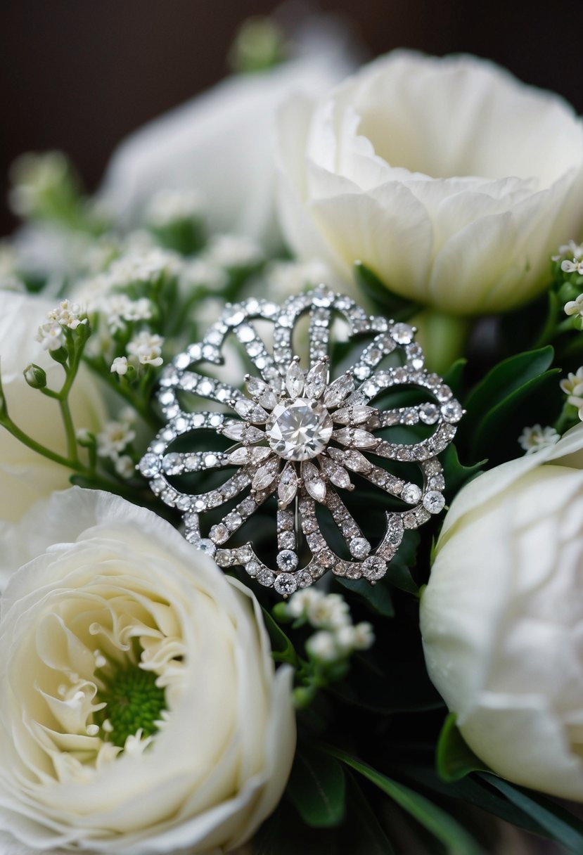 A sparkling brooch nestled in a bouquet of delicate white flowers