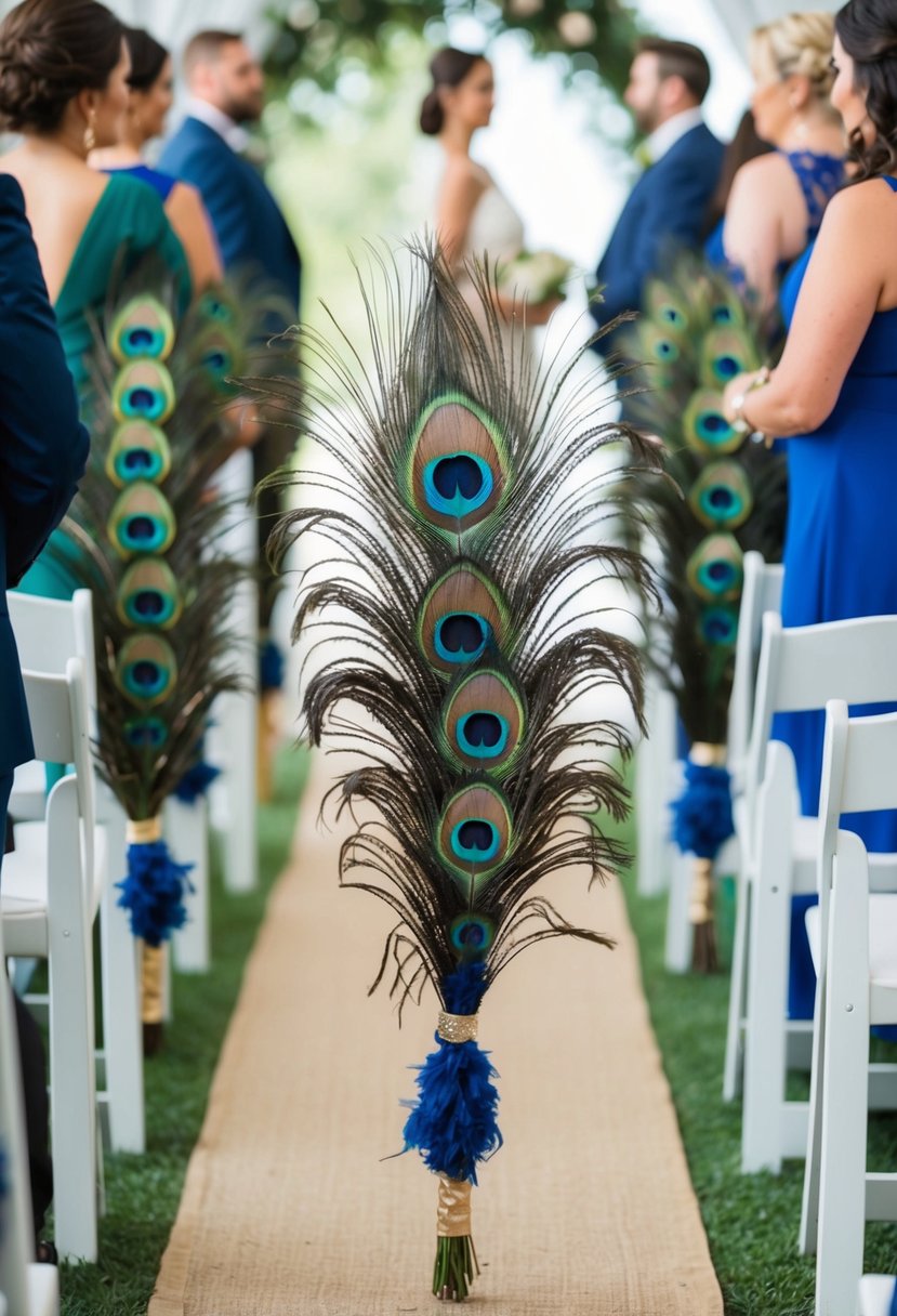 Peacock feather arrangements line the wedding aisle, adding a touch of vibrant elegance to the ceremony