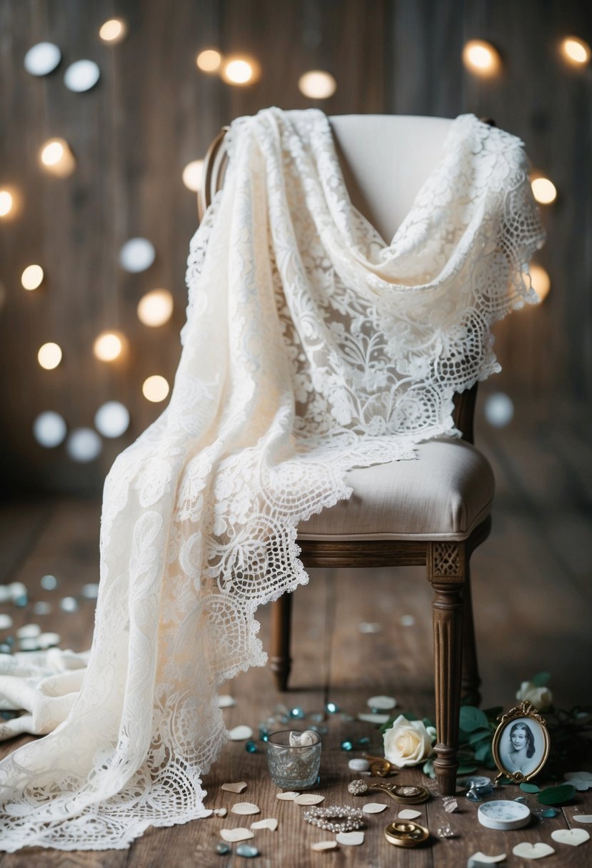 A delicate lace shawl draped over a vintage chair, surrounded by scattered wedding ideas and a collection of borrowed trinkets