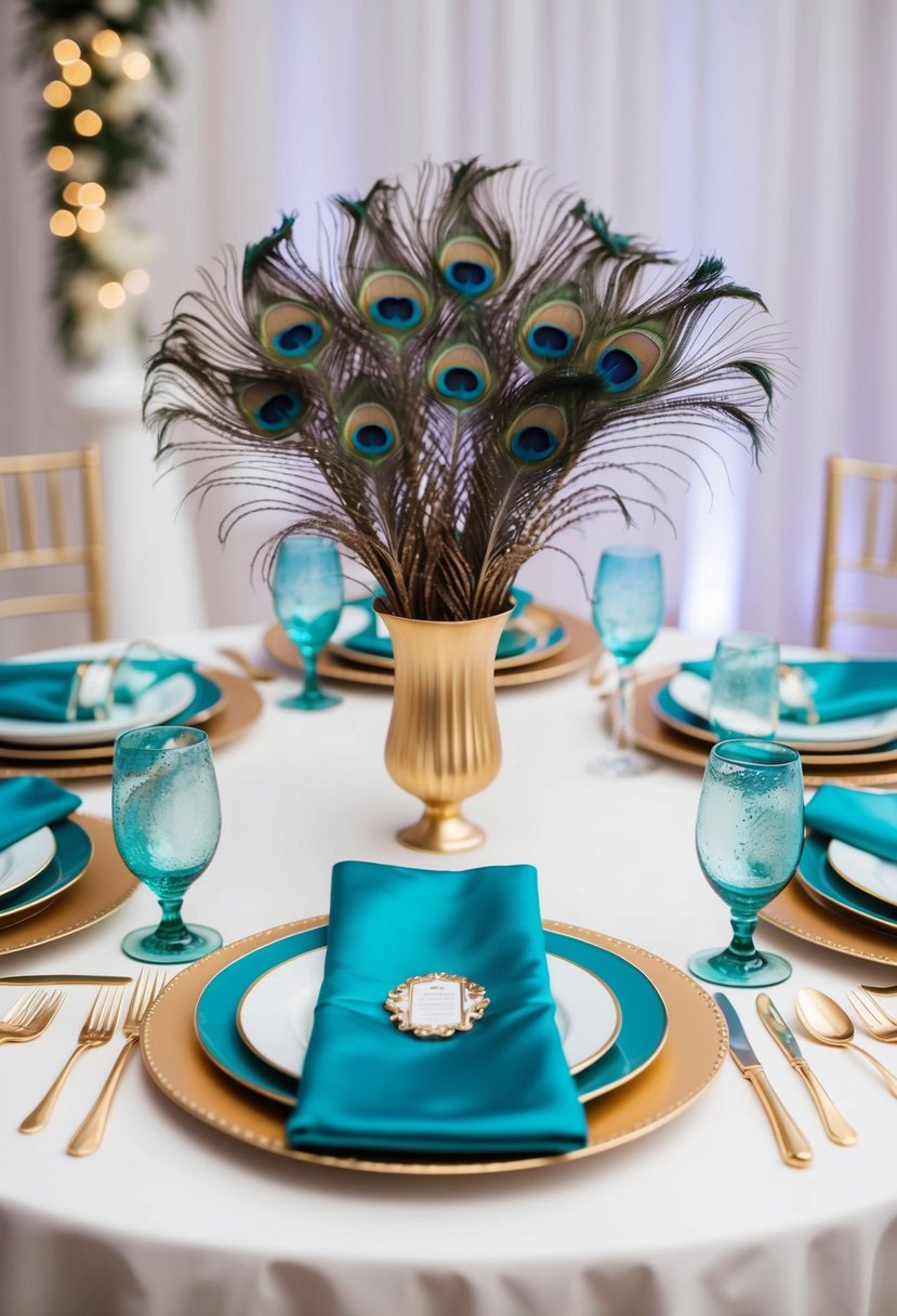 A table set with teal and gold dishes, peacock feathers, and elegant decor for a wedding