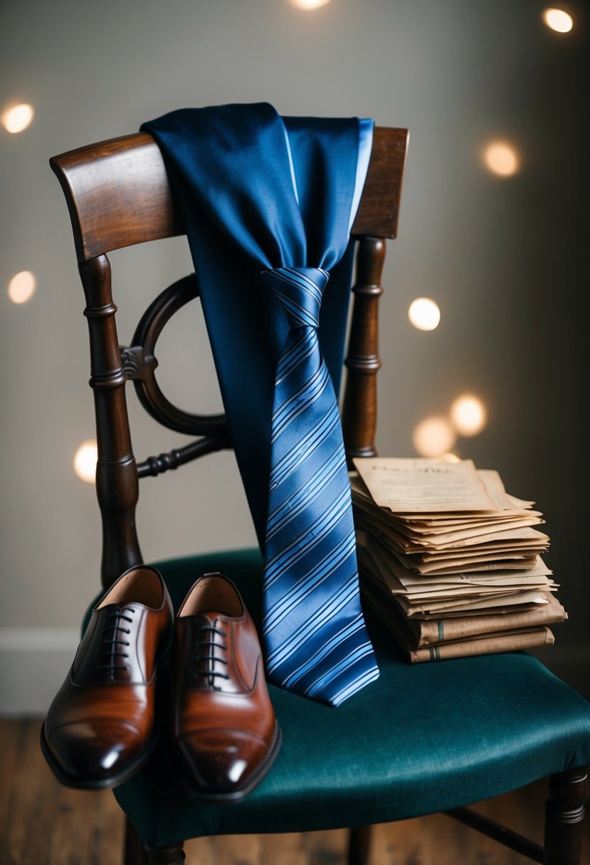 A silk tie draped over a vintage chair, next to a pair of polished dress shoes and a stack of old love letters