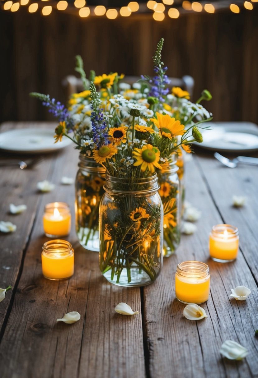 A rustic wooden table with mason jars filled with wildflowers, surrounded by flickering tea lights and scattered petals