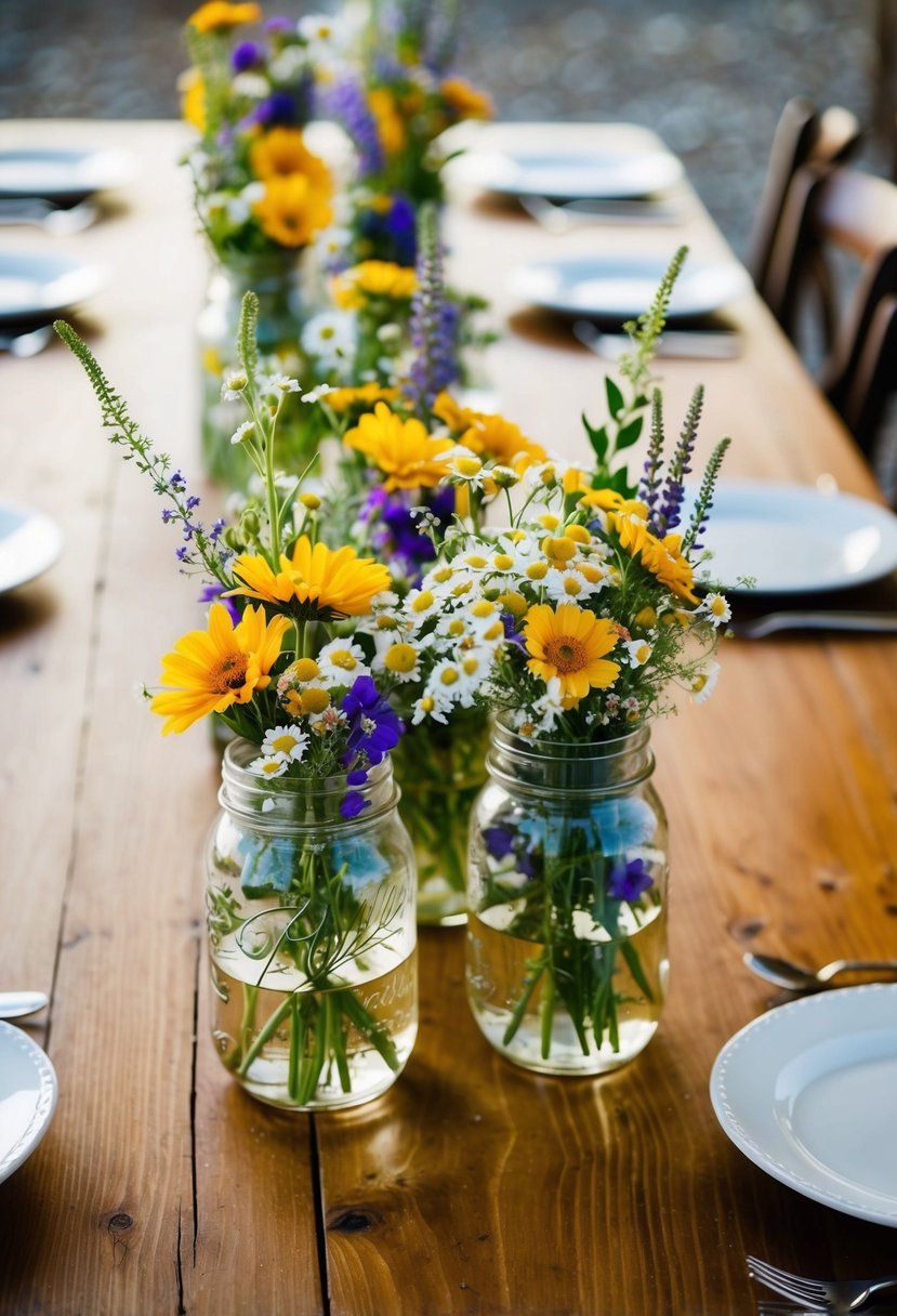 Mason jars filled with wildflowers arranged on a wooden table for a rustic wedding centerpiece