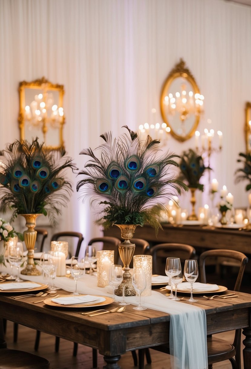 A vintage-inspired wedding reception with peacock feathers, antique candelabras, and ornate gold frames on a rustic wooden table