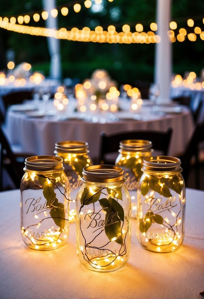 Mason jars filled with fairy lights create a romantic glow, arranged as centerpieces for a wedding