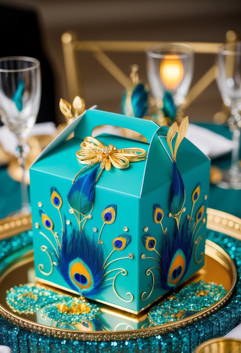 A peacock-themed favor box adorned with vibrant feathers and elegant swirls, surrounded by shimmering teal and gold accents