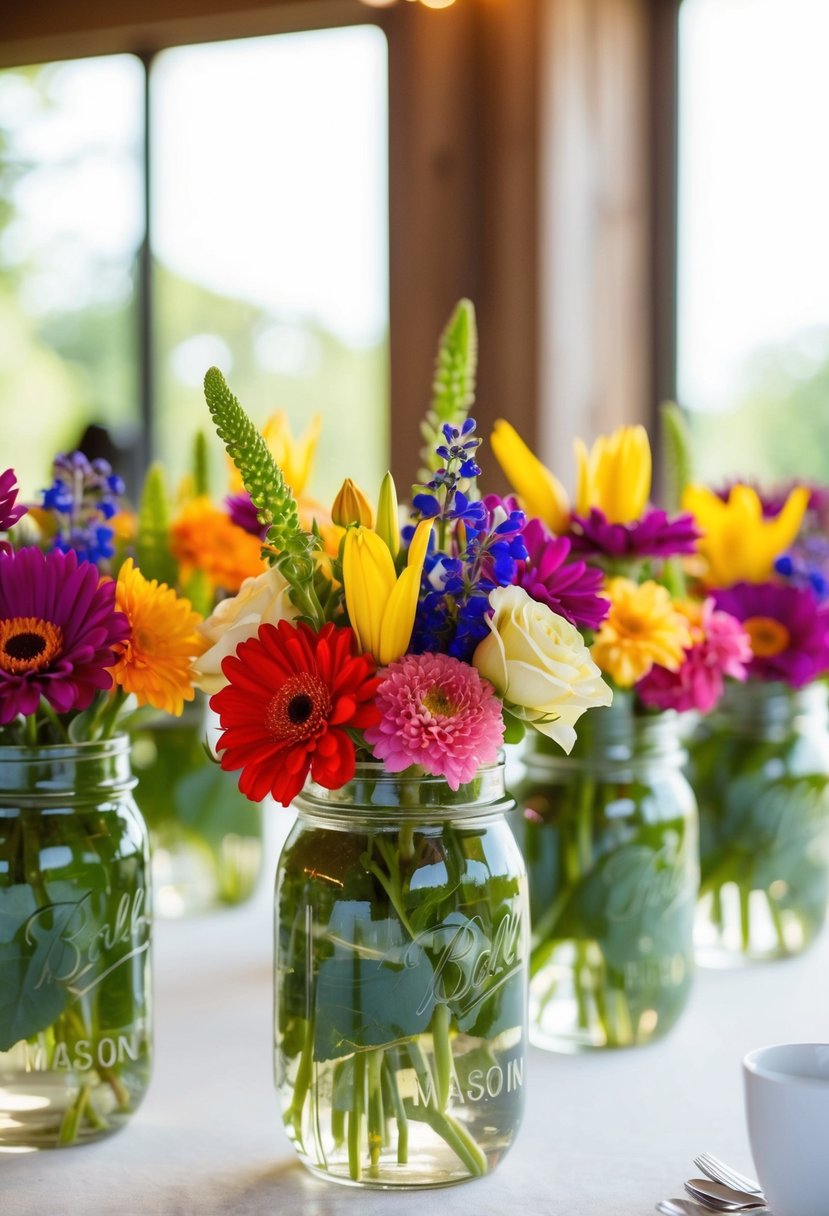 Mason jars filled with vibrant flowers create a stunning centerpiece for a wedding