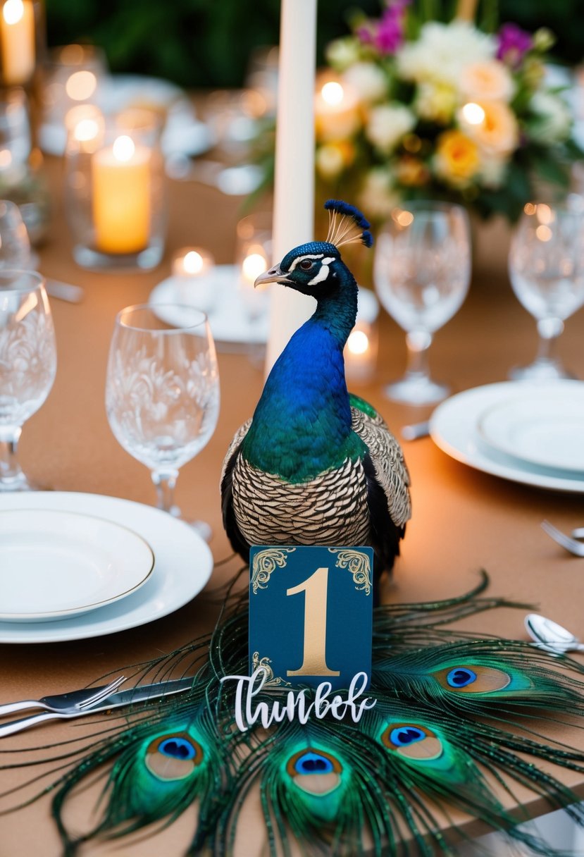 A peacock-themed table number with vibrant feathers and elegant calligraphy