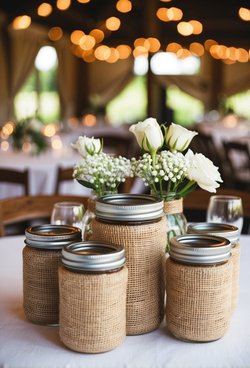 Burlap-wrapped mason jars arranged as vintage wedding centerpieces