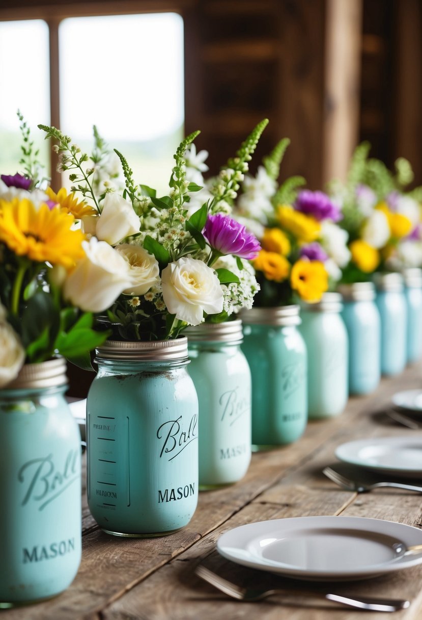 Mason jars filled with flowers in wedding colors arranged as centerpieces on a rustic wooden table