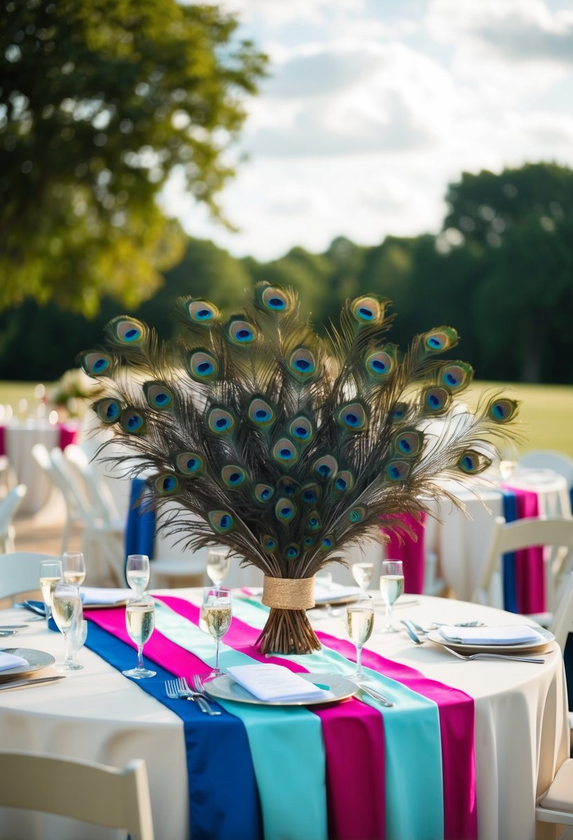 An outdoor wedding venue adorned with peacock feathers, colors, and motifs