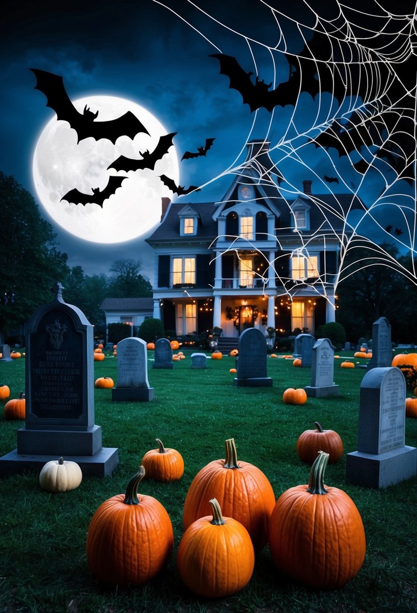 A moonlit graveyard with pumpkins, bats, and a haunted mansion in the background, decorated with spider webs and eerie lighting for a Halloween wedding