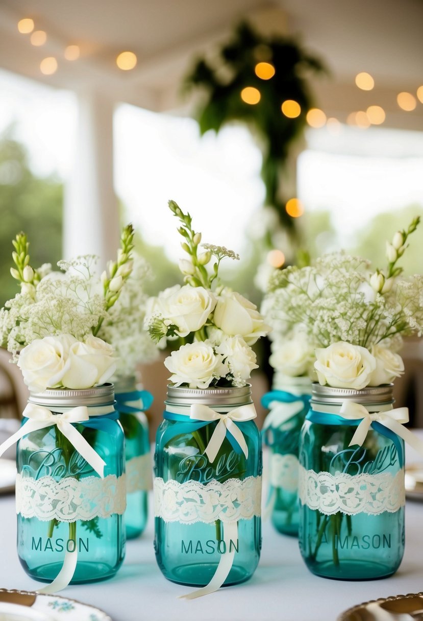 Mason jars adorned with lace and ribbon, arranged as elegant wedding centerpieces