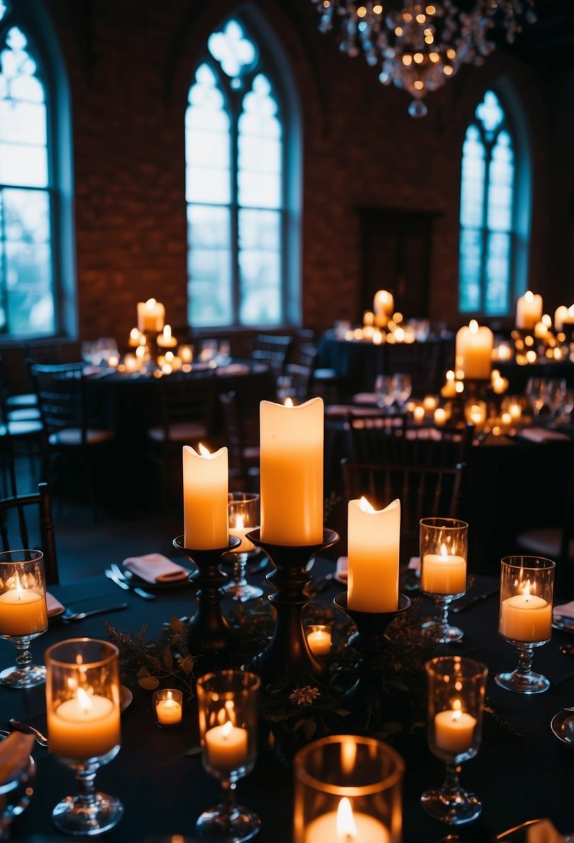 Gothic candle-lit centerpieces illuminate a dimly lit room, casting eerie shadows for a Halloween wedding