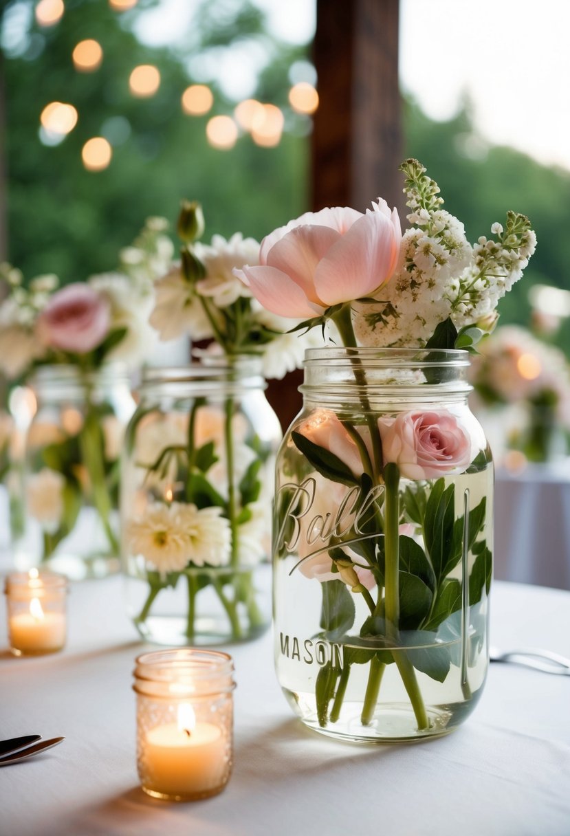 Mason jars filled with water, blooms, and floating candle holders create a romantic wedding centerpiece