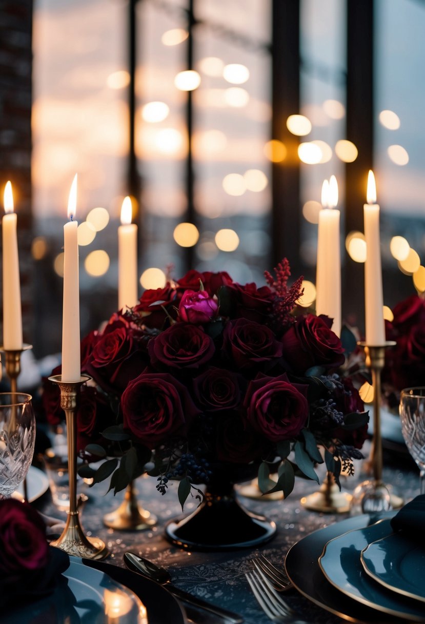 A gothic wedding table setting with dark florals and burgundy roses, surrounded by flickering candlelight