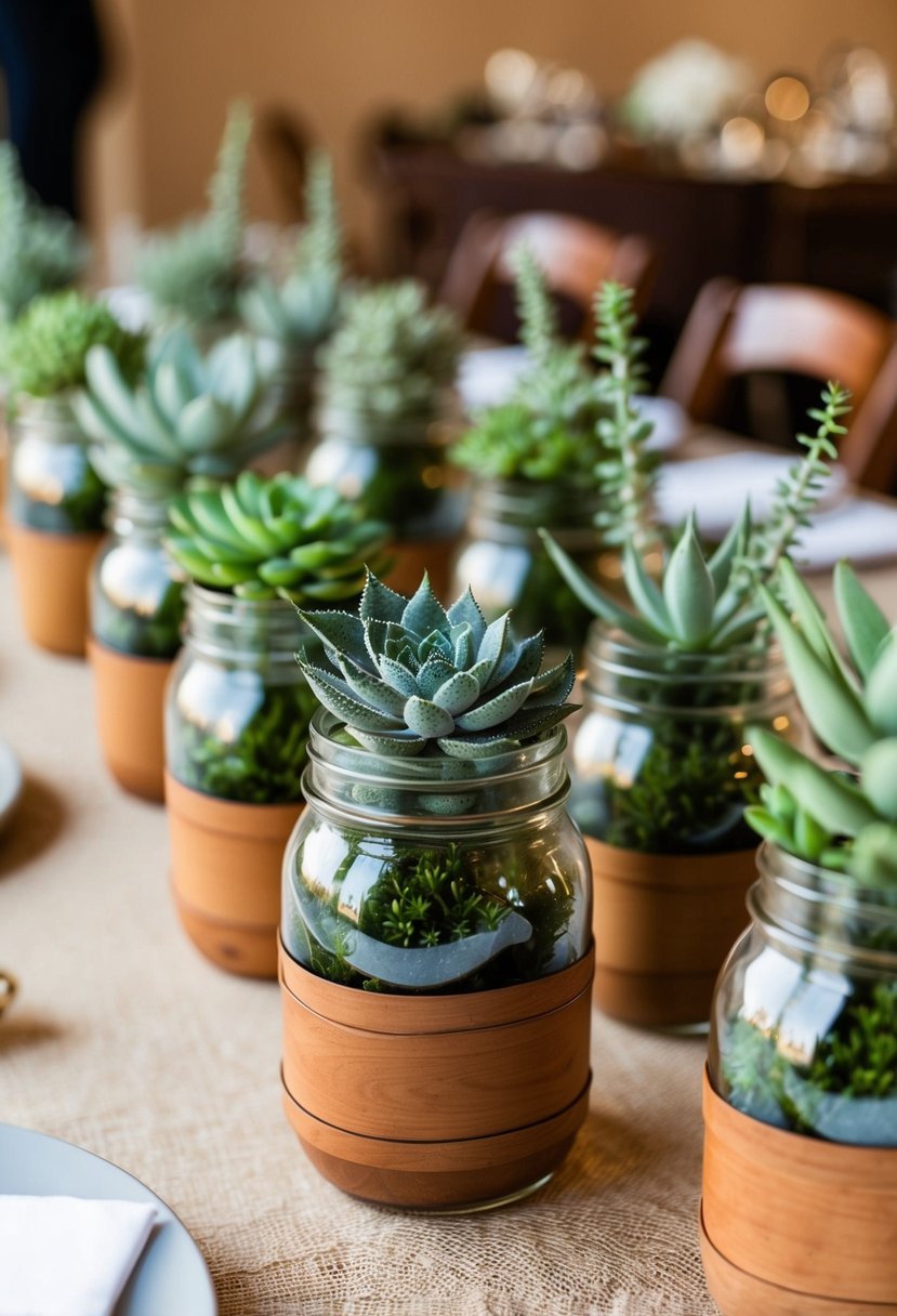 Mason jars filled with succulents, arranged as wedding centerpieces