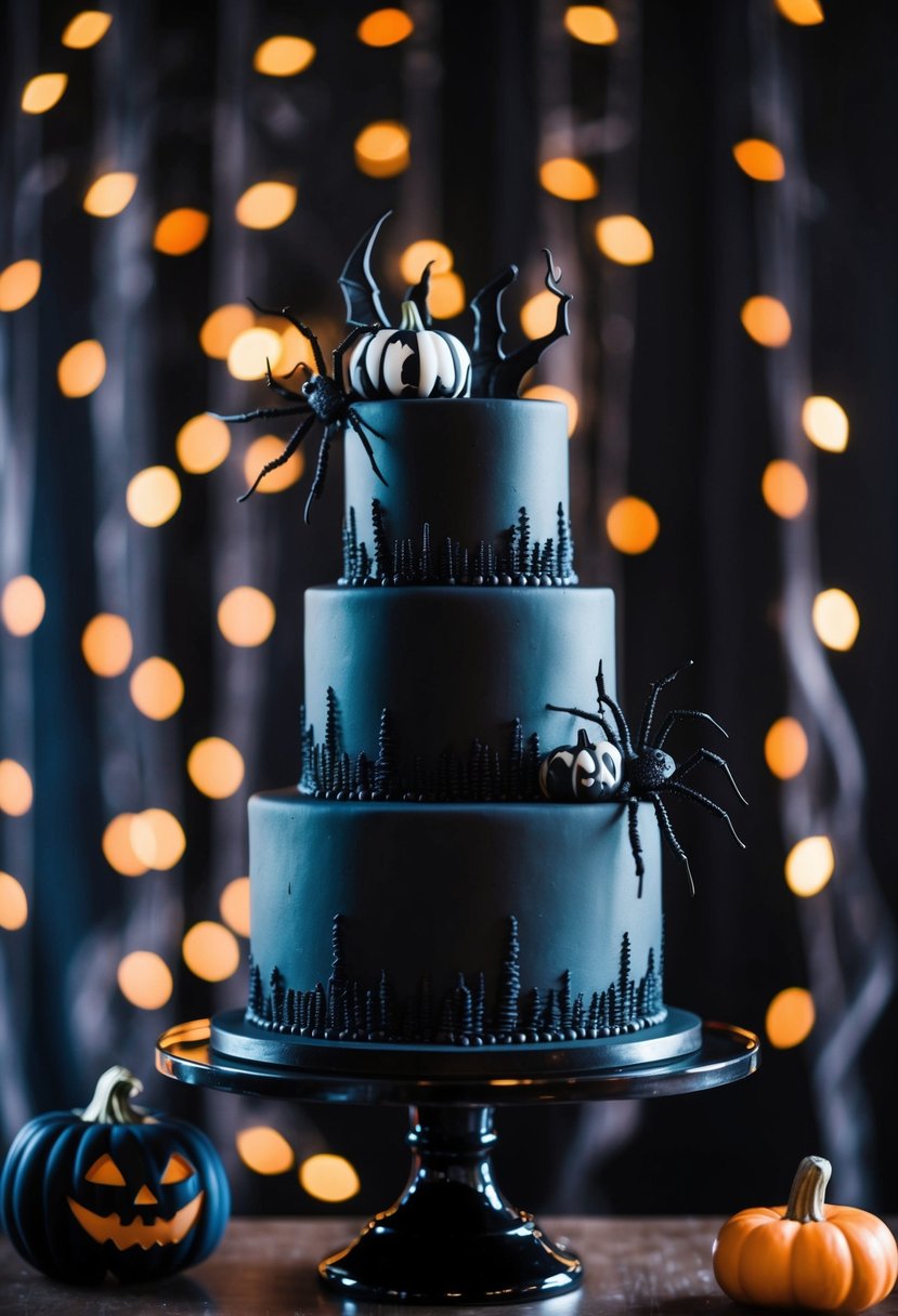 A black wedding cake adorned with spooky Halloween details