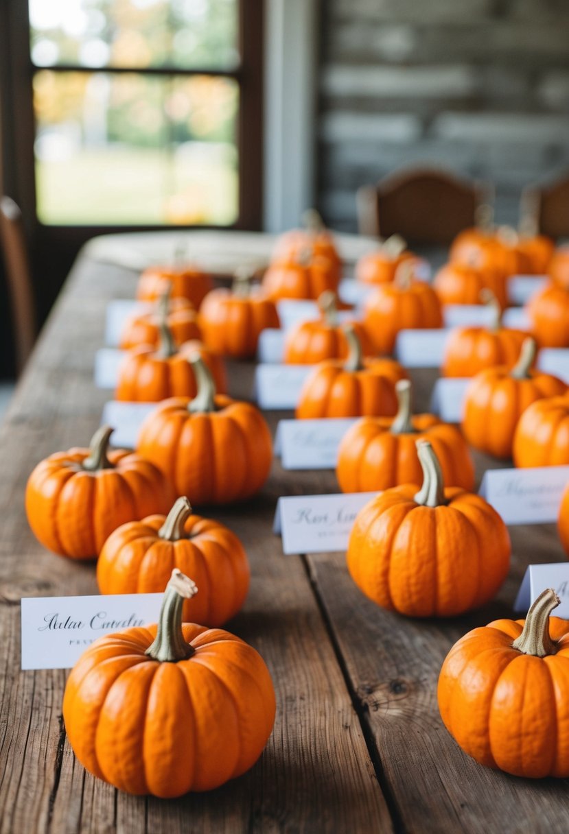 Pumpkin-shaped name cards arranged on a rustic wooden table for a Halloween wedding