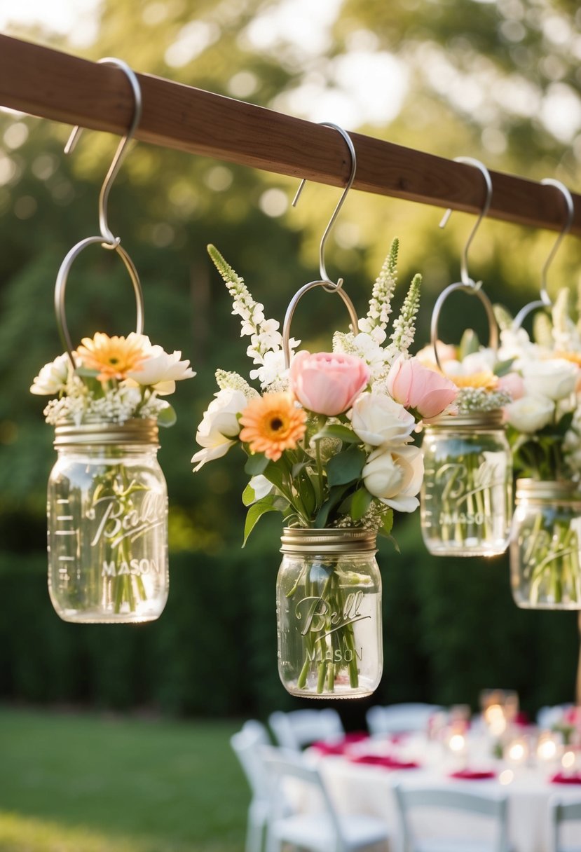 Mason jars with flowers hang on shepherd hooks for wedding centerpieces