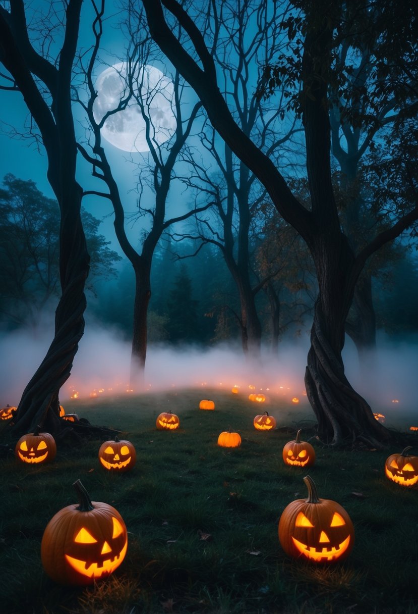 An eerie, moonlit forest with twisted trees, glowing pumpkins, and ethereal fog creating a magical ambiance for a Halloween wedding