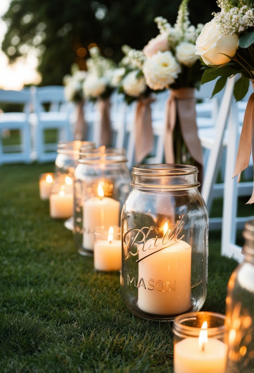 Mason jars with lit candles line the wedding aisle