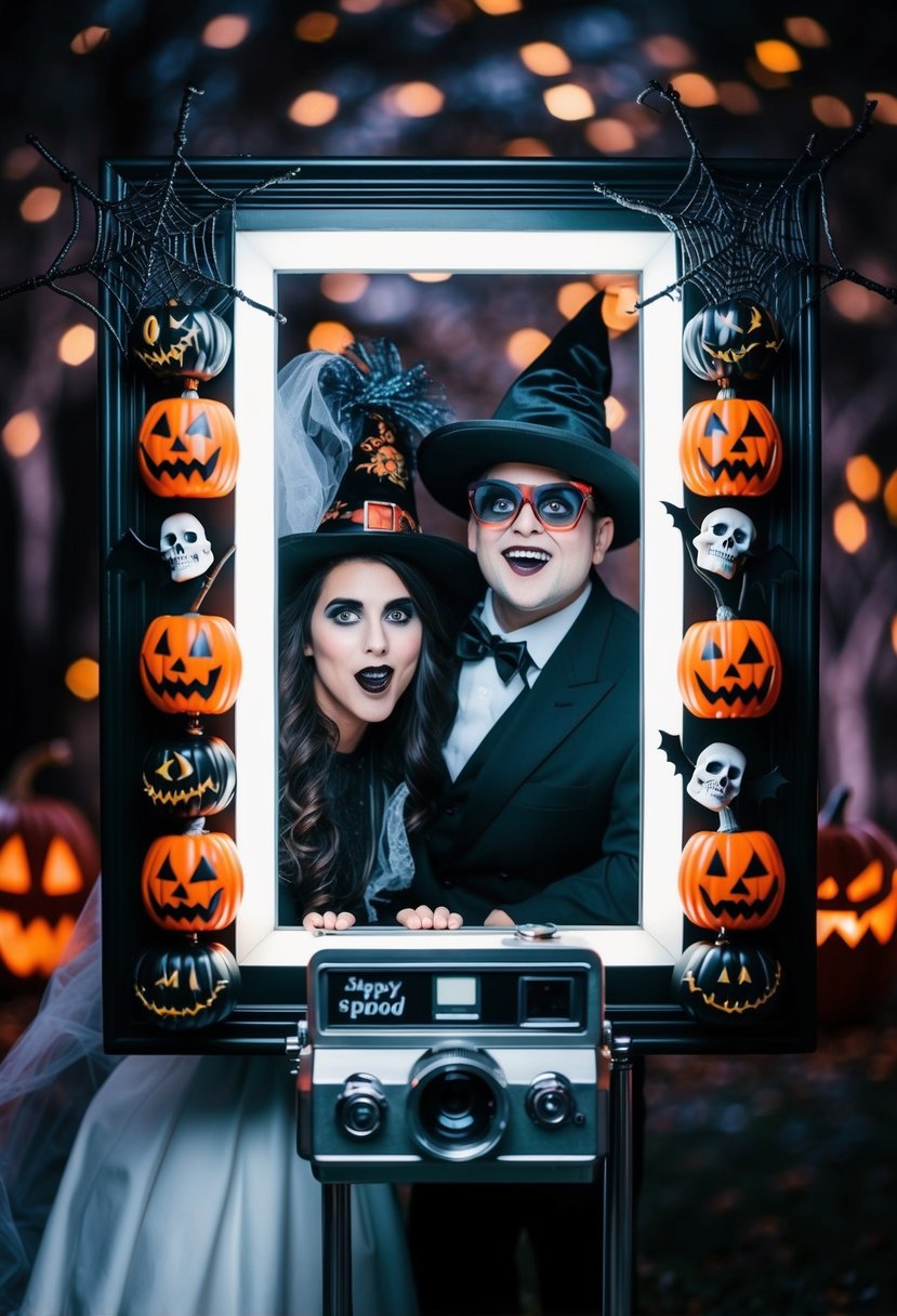 A spooky photo booth adorned with eerie Halloween props