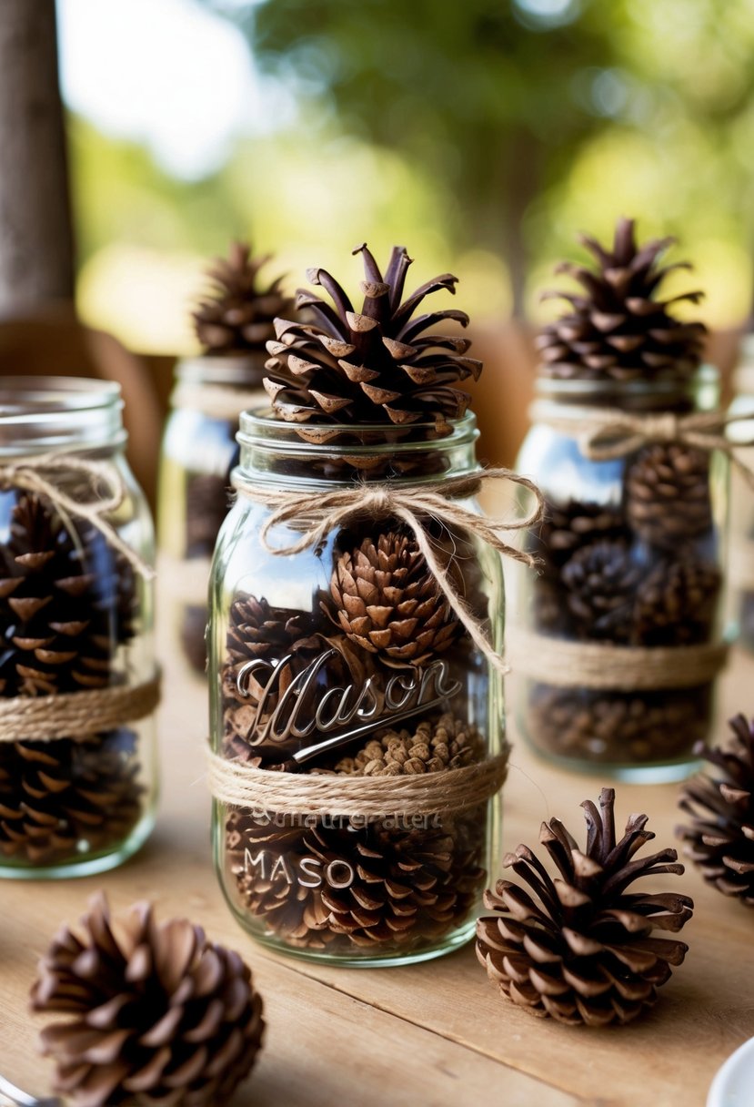 Mason jars tied with twine, filled with pinecones, and arranged as a rustic wedding centerpiece